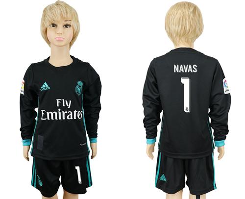 Real Madrid #1 Navas Away Long Sleeves Kid Soccer Club Jersey - Click Image to Close